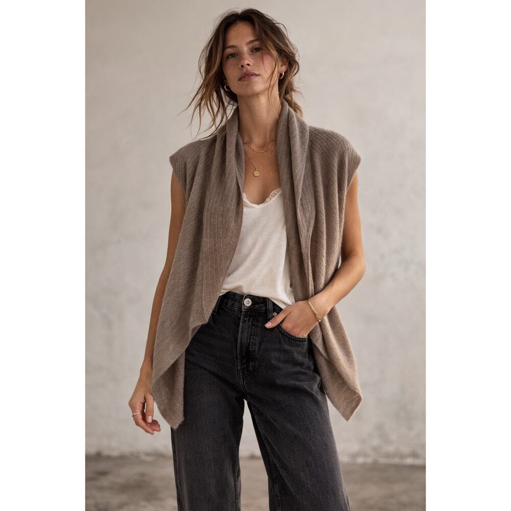 Ovcio Cashmere Luxury Sweater Vest Lightweight Shawl Collar Small Tan Brown